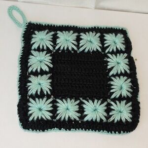 Handmade Double Sided Square Knit Trivet Hot Pad Doily Doiley Doilé Teal & Black